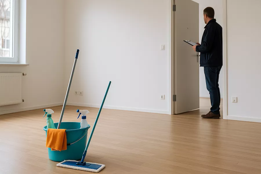 “Tom lägenhet med städutrustning kvar och besiktningssituation – symboliserar flyttstädning som inte blivit godkänd och behov av åtgärd eller ny städfirma inför överlämning”